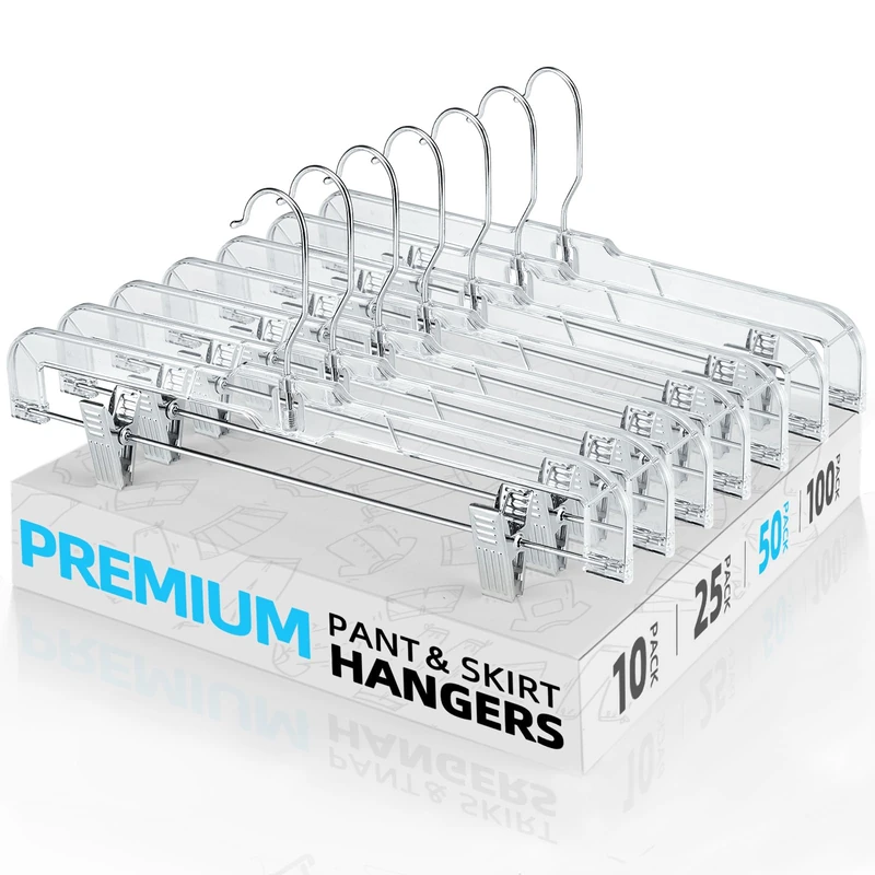 HOUSEHOLD Mall 14" Clear Skirt Pants Hanger Crystal Skirt/Slack Hangers with Clips, Pack of 50Pcs