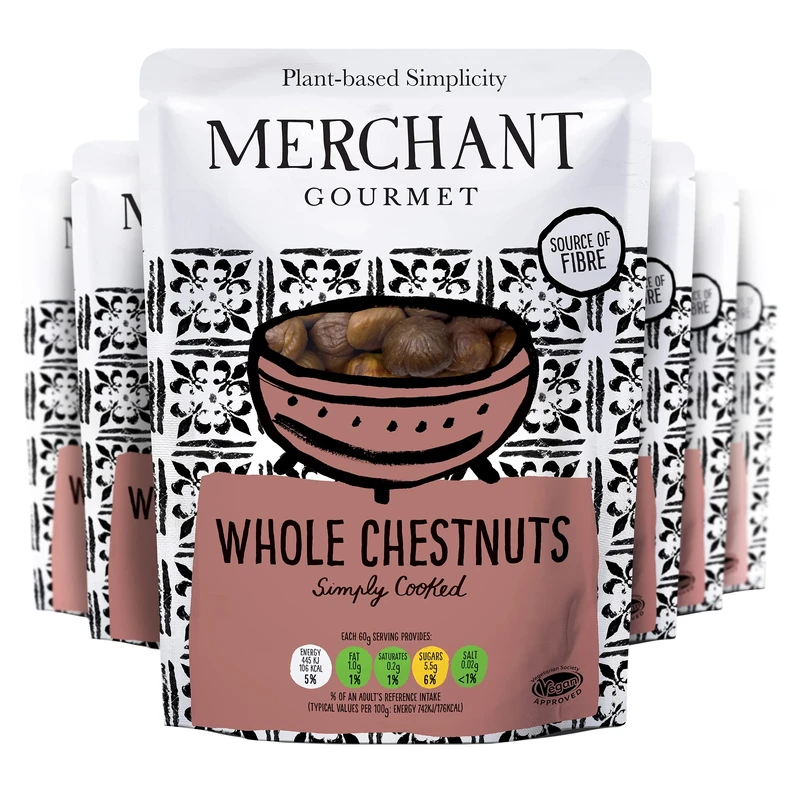 Merchant Gourmet Whole Cooked Chestnuts - Naturally Sweet, Nutty Flavour, Source of Fibre, Low Fat & Vegan - Ideal for Snacking & Baking - Pack of 6 x 180g Ready-to-eat Pouches - Image 1