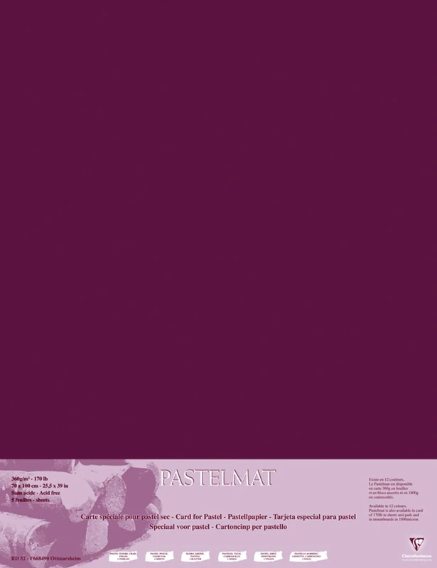 Clairefontaine - Ref 96163C - Pastelmat Card Sheets (Pack of 5 Sheets) - 360gsm Card - 70 x 100cm - Burgundy Colour - Specially Formulated For Use With Pastels