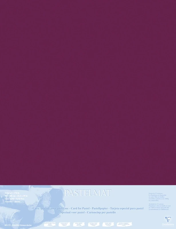 Clairefontaine - Ref 396016C - Pastelmat Mounted Board (5 Sheets) - 1800 Microns - 70 x 100cm - Burgundy Colour - Specially Formulated For Use With Pastels