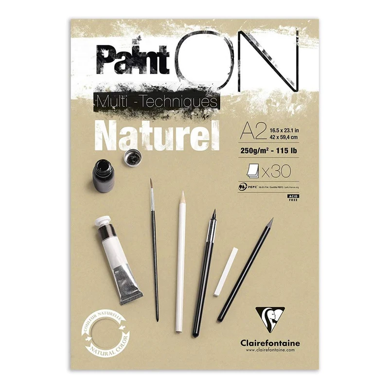 Clairefontaine - Ref 96543C - Paint'ON Multi-Technique Naturel Paper Pad (30 Sheets) - A2 Size, 250gsm Heavyweight Paper, Natural Sand Colour, Acid Free, pH Neutral
