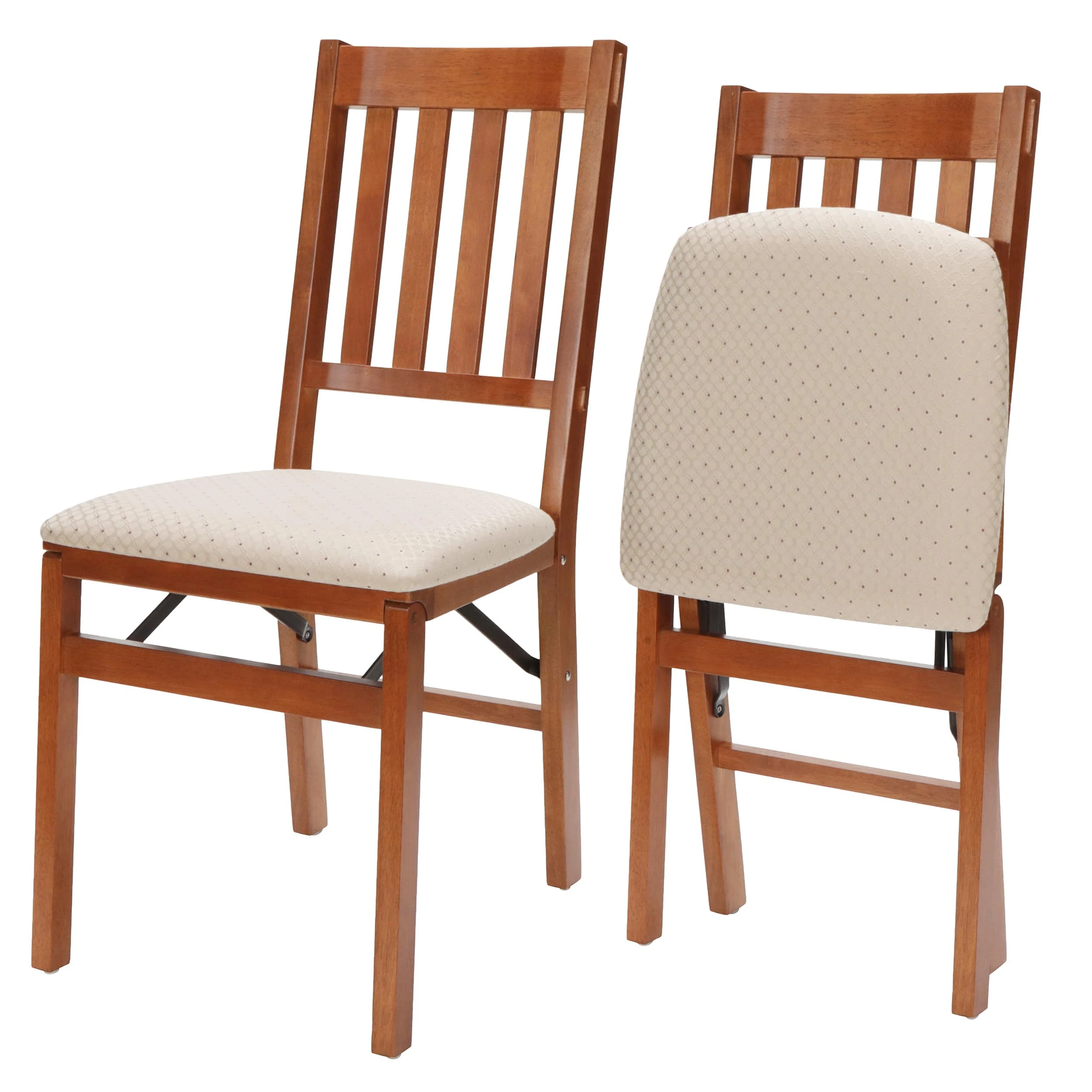 MECO Stakmore Arts and Craft Wooden Folding Chairs with Padded Seats, Set of 2 - No Assembly Foldable Dining Chairs, Steel Folding Mechanism, Upholstered Cushion, Space-Saving, Cherry Frame