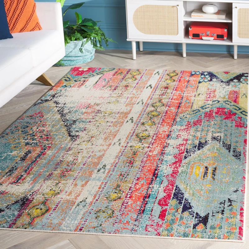 Safavieh Boho Chic Indoor Woven Rectangle Area Rug, Monaco Collection, MNC222, in Multi, 201 X 279 cm for Living Room, Bedroom or Any Indoor Space