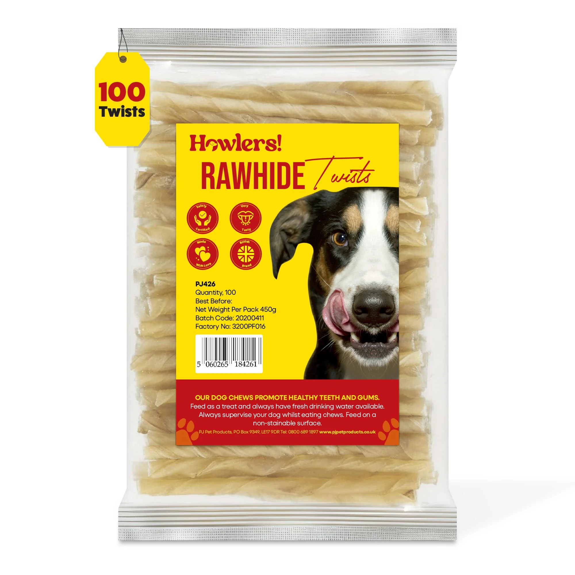 HOWLERS Natural 13cm Pack of 100 Dog Chew Rawhide Twists | Natural Dog Chews Stick For All Dogs | Delicious Dog Chew Sticks For Your Furry Friend