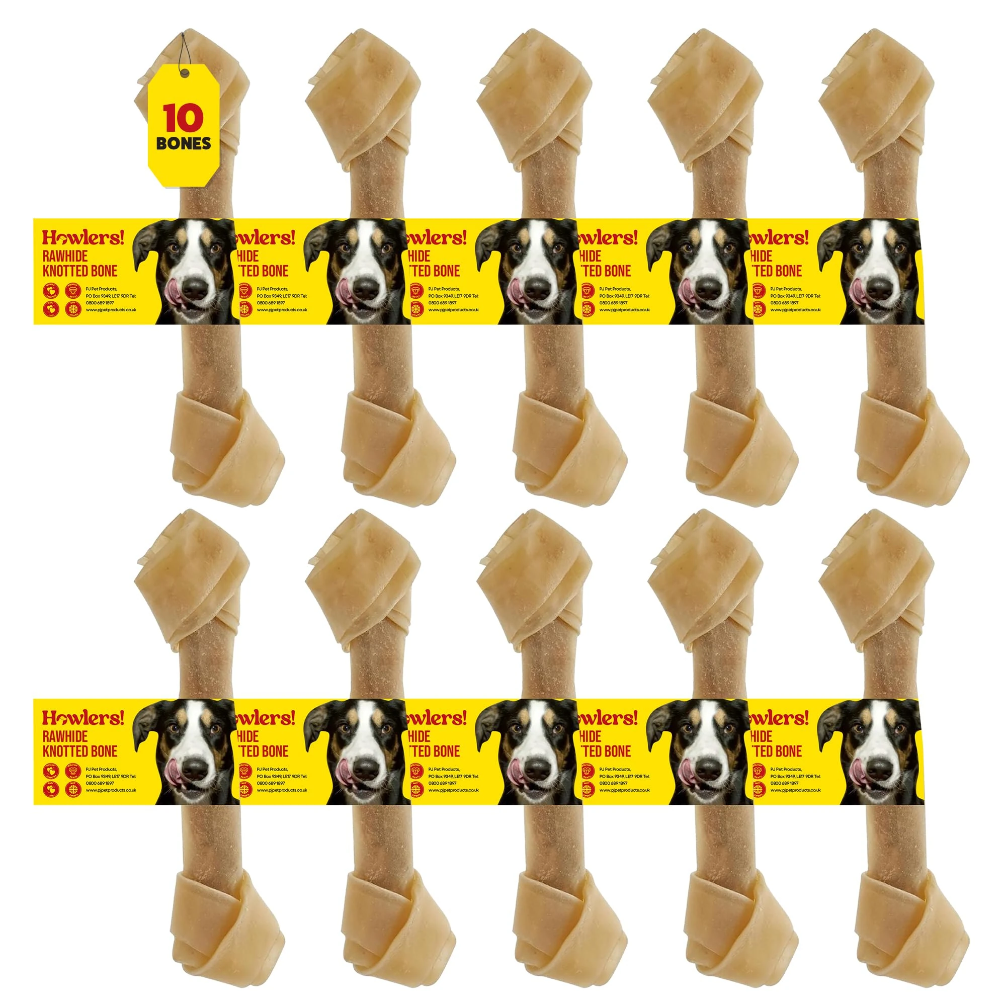 Howlers Pack of 10 Natural Rawhide Knotted 20cm Dog Bones | 8 Inch Dog Bone Made From Natural Ingredients | Dog Chew Bones Perfect For Treat Time