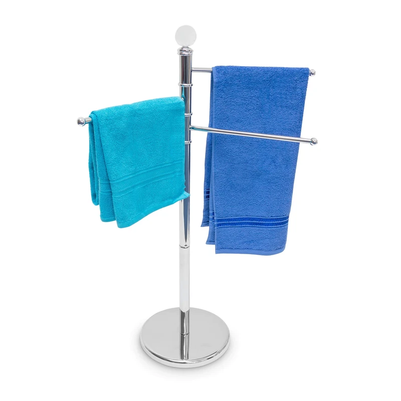 Relaxdays Hand Towel Stand Stainless Steel Height: 93.5 cm, Ø Base=29 cm With 3 Pivoting Arms with a Length of: 33 cm Free-Standing Metal Towel Rack & Clothes Stand 3 Movable Rails, Chrome, Silver - Image 1