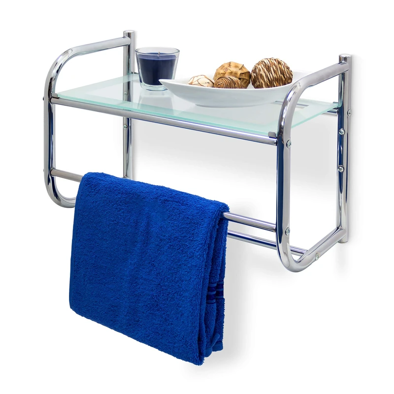 Relaxdays Stainless Steel Wall Shelf with Towel Rail and Glass Shelf (34 x 45 x 23 cm) Bathroom Shelf with 2 Towel Rails Modern Style Glass & Chrome Finish Base, Silver