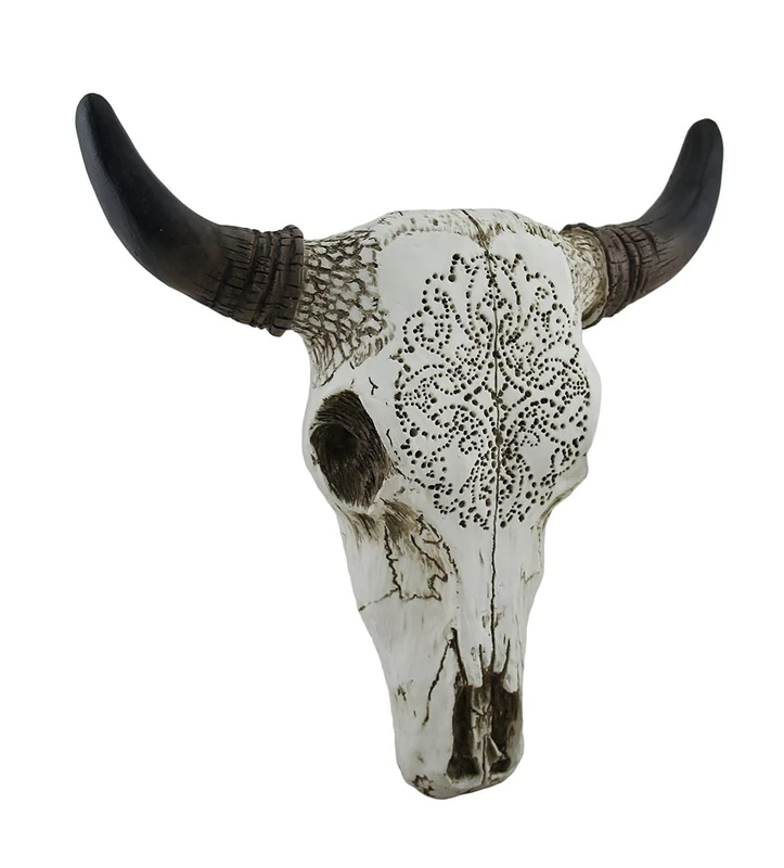 Zeckos Tribal Design Carved White Bull Skull Wall Hanging