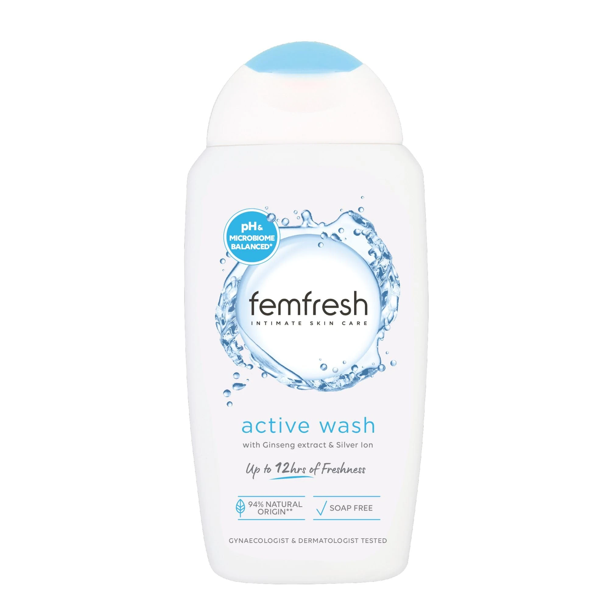 Femfresh Active Intimate Wash, Feminine Hygiene Shower Gel Cleanser, pH Balanced, Soap Free Feminine Wash with Ginseng & Antioxidants, Long-Lasting Freshness, 250ml