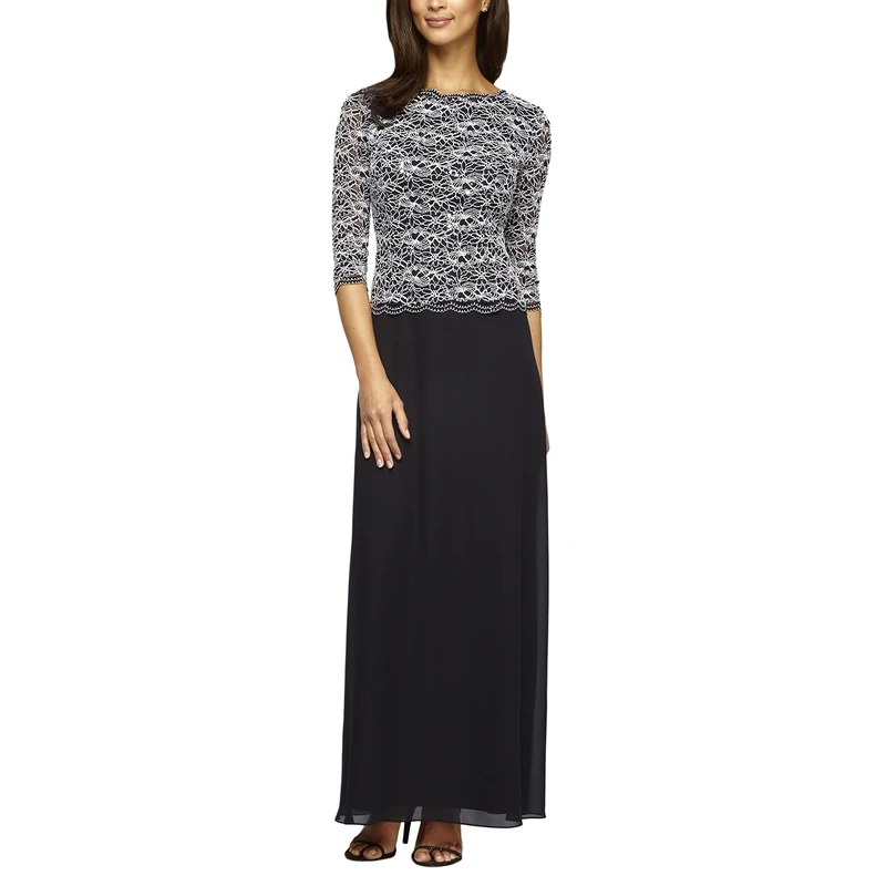 Alex Evenings Women's 3/4 Sleeve Stretch Lace Bodice Mock One Piece Gown, Black/White, 12
