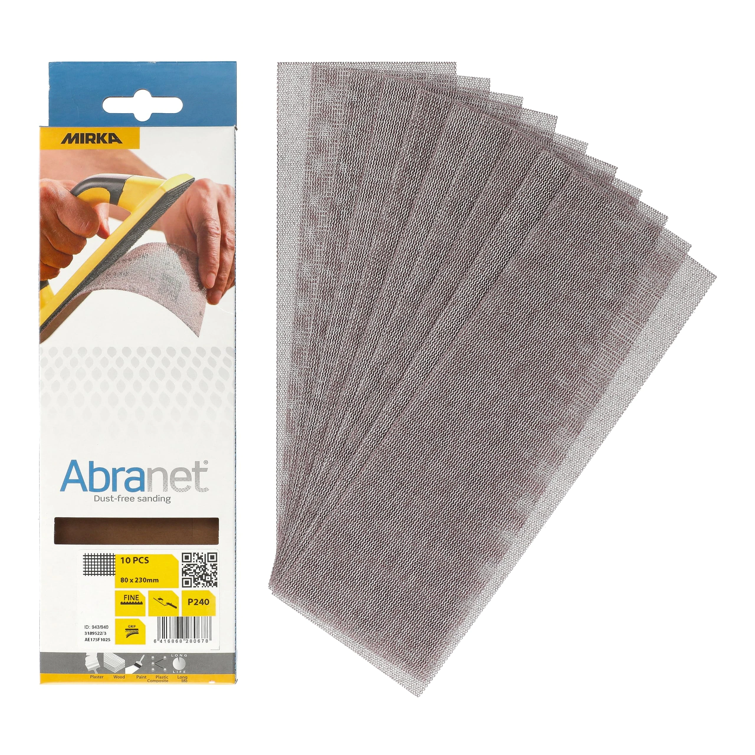 Mirka Abranet net sandpaper strips 80x230 mm/Hook & loop/Grit P240 / 10 pcs / AE175F1025 / for dust-free sanding of wood, walls, metal, aluminium, stainless steel, filler, varnish, plastic