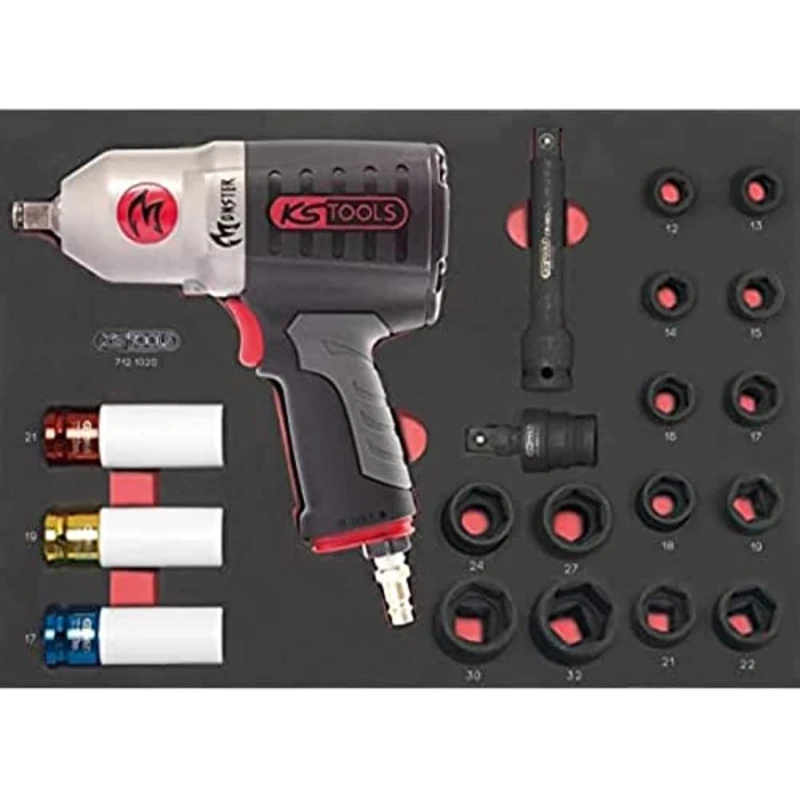 KS TOOLS - 712.1020 - Monster air Impact Wrench 1/2'' with Socket Set and Accessories - High Performance Impact nutrunner - Electric Impact Driver - Tool and Bench Module - 20 pcs