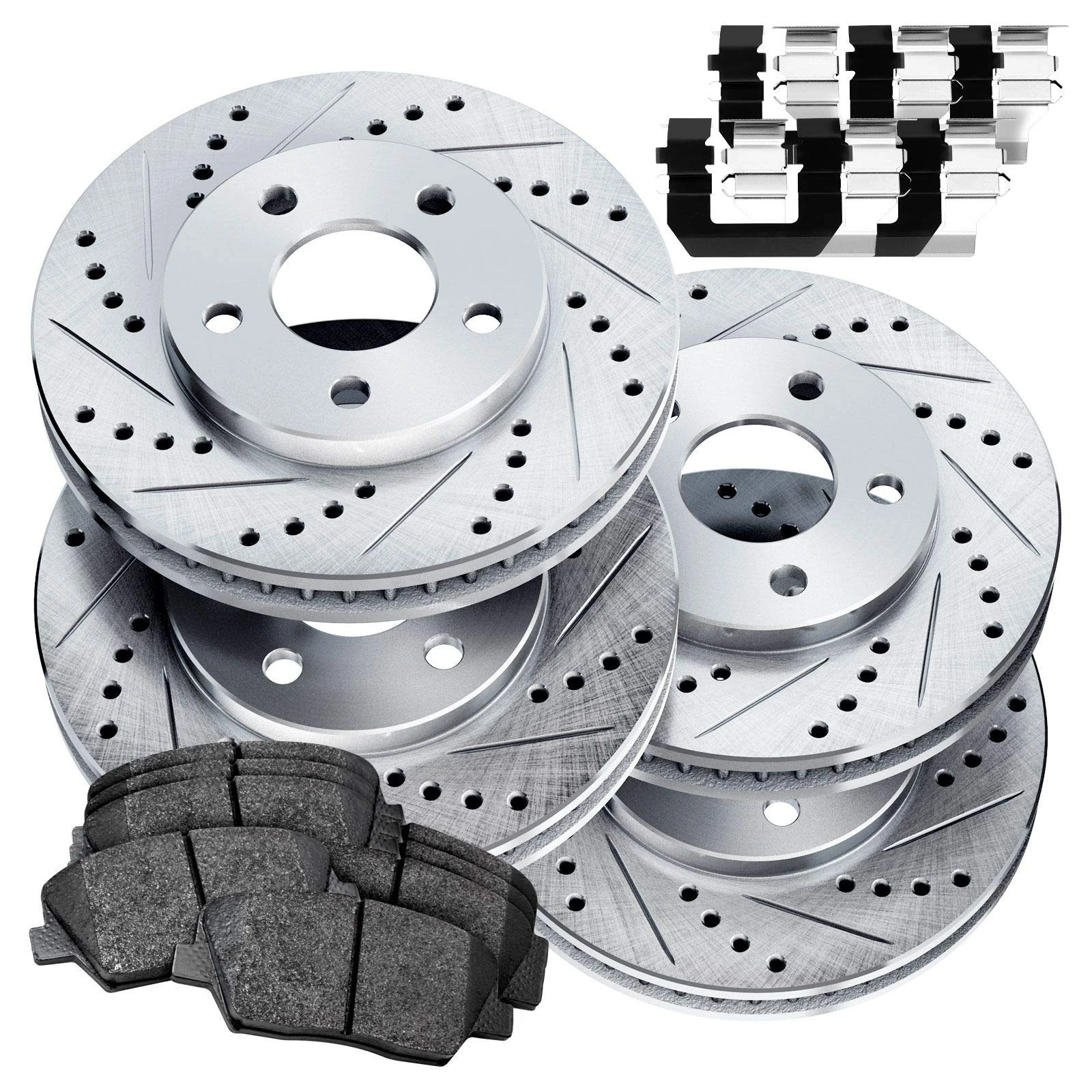 PowerSport Front Rear Silver Drilled Slotted Brake Rotors and Ceramic Pads Compatible For 2010-2016 Hyundai Tucson, Kia Sportage