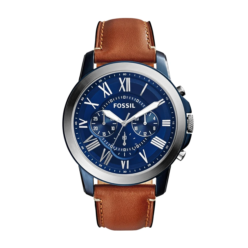 Fossil Gents 44.00mm Quartz Watch with Blue Analogue dial and Brown Leather Strap Strap FS5151