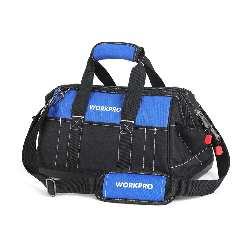 WORKPRO Tool Bag 16-inch, Multi-pockets Heavy Duty Tool Bag with Waterproof Plastic Hard Base, Wide Open Mouth Heavy Duty Electricians Tools Bag with Adjustable Shoulder Strap