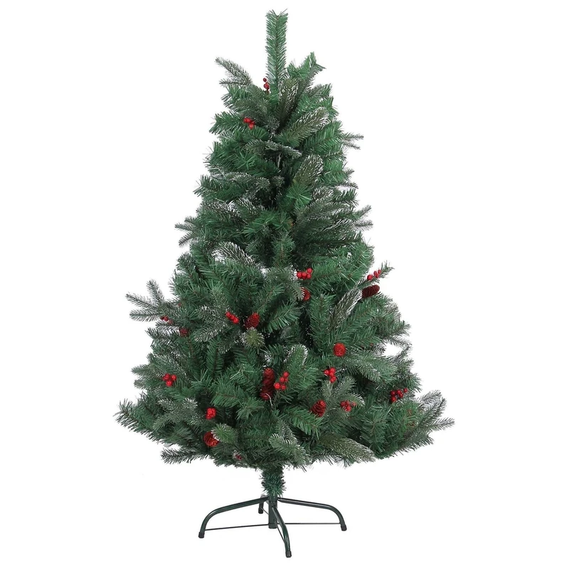 Shatchi Big Large 6ft Foot Pre Artificial Christmas Tree with Frosted Tips, Red Pine Cones and Barriers Xmas Decorations 180cm, Green