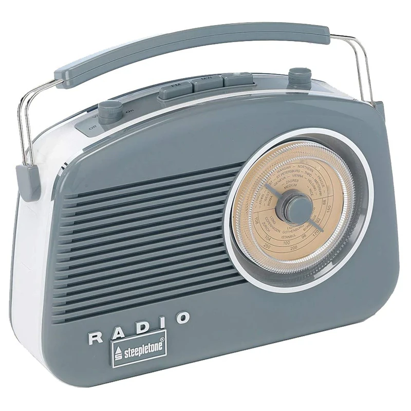 Steepletone Brighton Mk2 Shabby Chic Nostalgic Retro Radio (1950's Style), Mains Electric/Battery Powered. Rotary Radio FM & AM (MW + LW). Mobile Smart Phone Music Playback (Mains Lead Inc) Grey