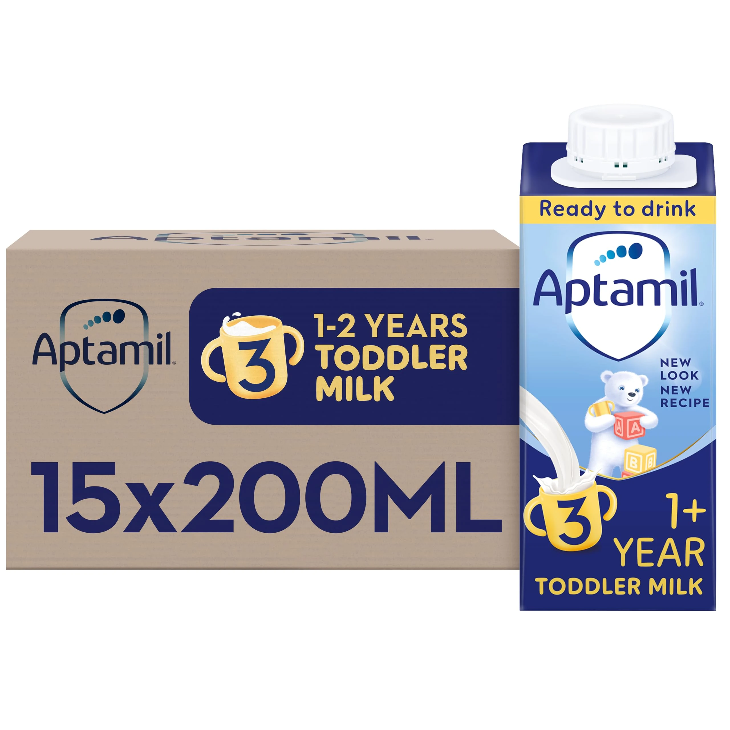 Aptamil 3 Toddler Baby Milk Ready to Use Liquid Formula, 1-3 Years, 200ml (Pack of 15),package may vary