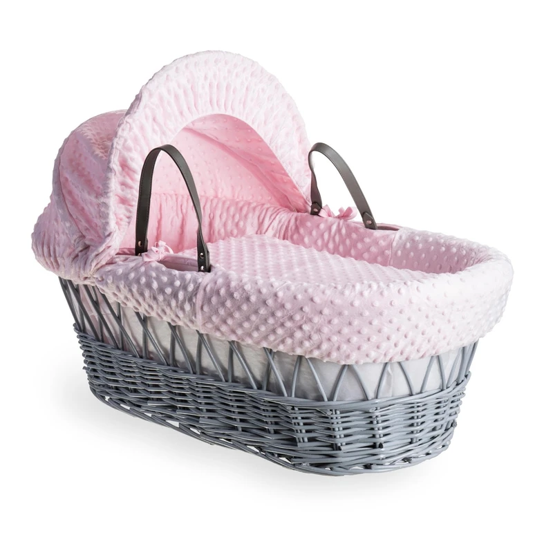 Clair de Lune Dimple Grey Wicker Moses Basket, Pink, 66 x 29 x 26 cm