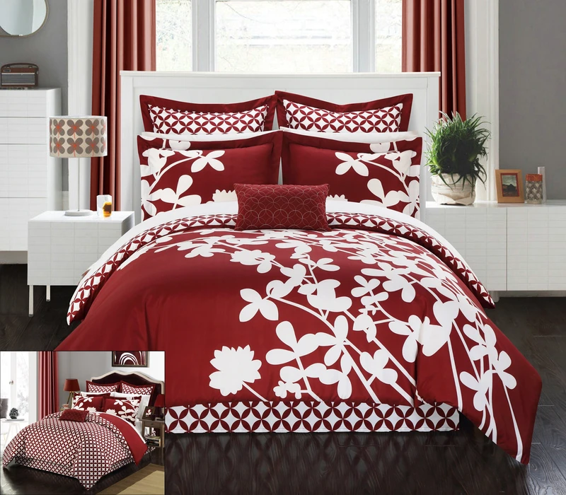 Chic Home 7 Piece Iris Reversible Large Scale Floral Design Printed with Diamond Pattern Reverse Comforter Set, Queen, Red