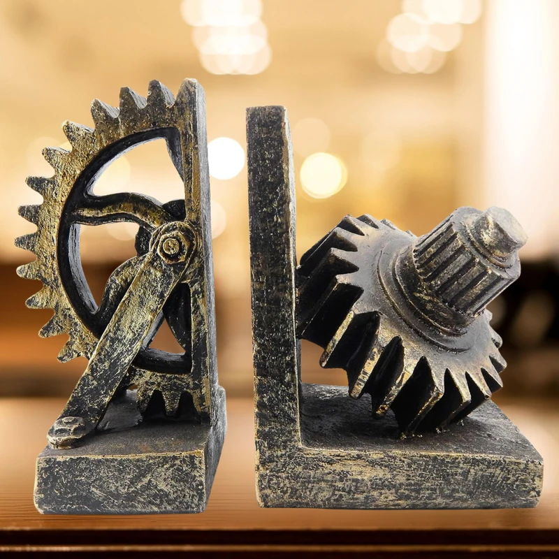 Decorative Bookend Gear Book Ends Industrial Rustic Vintage Unique Heavy Statues Bookshelves Support Home Decor Accents (Large)