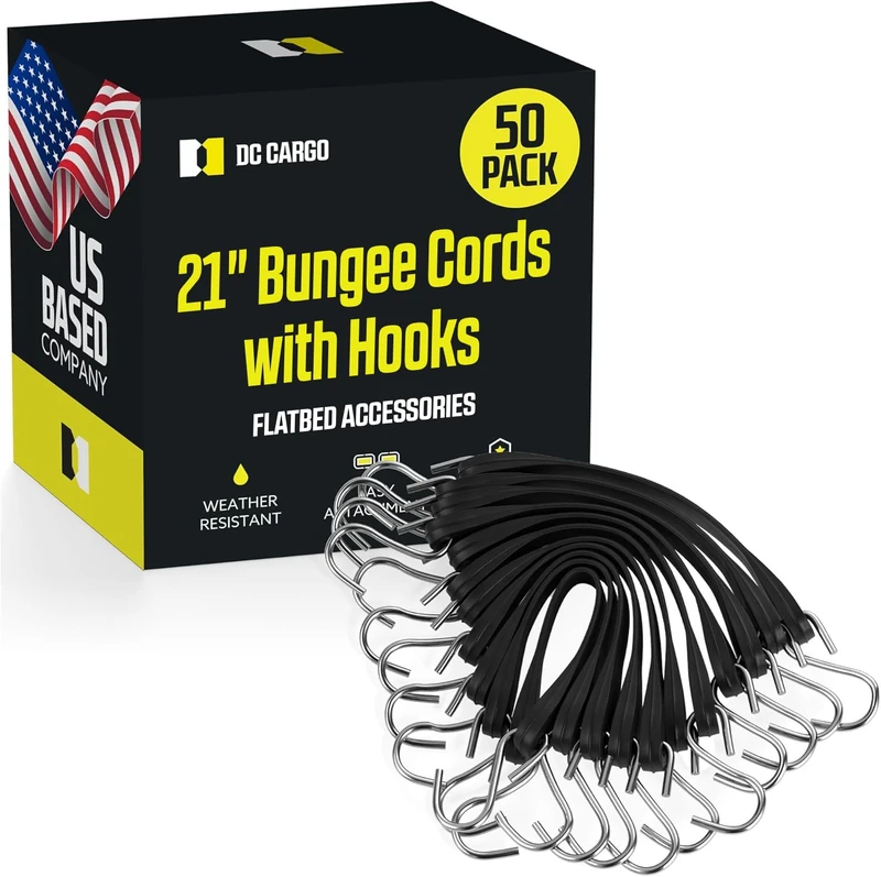 Pack of 50 Tarp Straps for Flatbed Trailers, 21" Long Natural Rubber Bungee Cord Tie-Downs Ideal for Securing Tarps, Canvases, Cargo in Cold Climates | Tie-Downs w/Metal S-Hooks