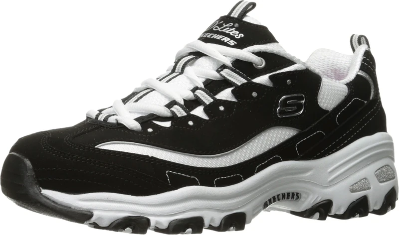 Skechers Women's D'Lites┬ábiggest Fan Fashion Sneaker, Black Black Trubuck White Mesh Silver Trim BKW, 2.5 UK