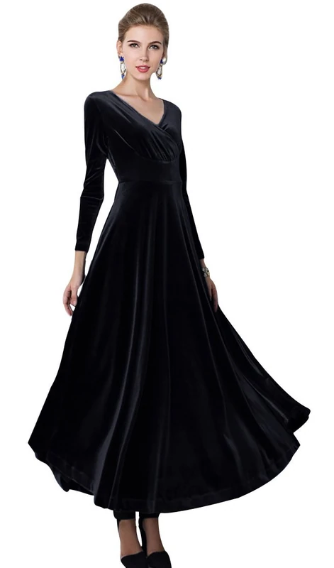 Urban CoCo Women Long Sleeve V-Neck Velvet Stretchy Long Dress, Black, L