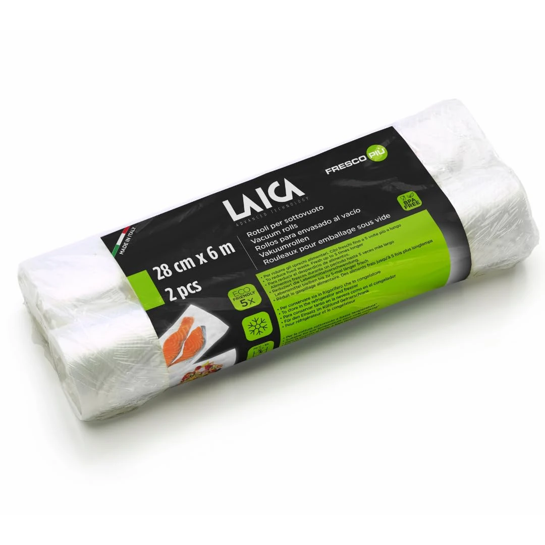 LAICA Vacuum Sealer Rolls 2 (28cmx6m) - BPA Free Food Storage Bags - Perfect for Vaccum Sealing Food, Sous Vide Cooking, Boiling & Preventing Freezer Burn