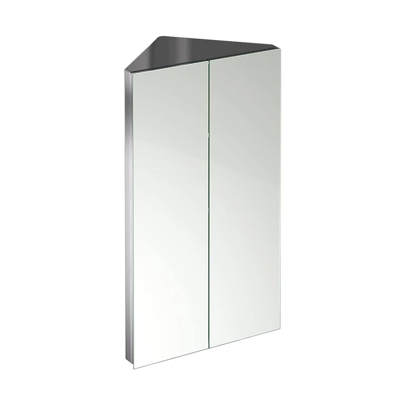 iBathUK Storvue Wall Mounted Corner Bathroom Mirror Cabinet Double Door, Frameless Triangular Silver Mirror, Magnetic Catch, Modern Bathroom Storage, Polished Stainless Steel, 450x780mm