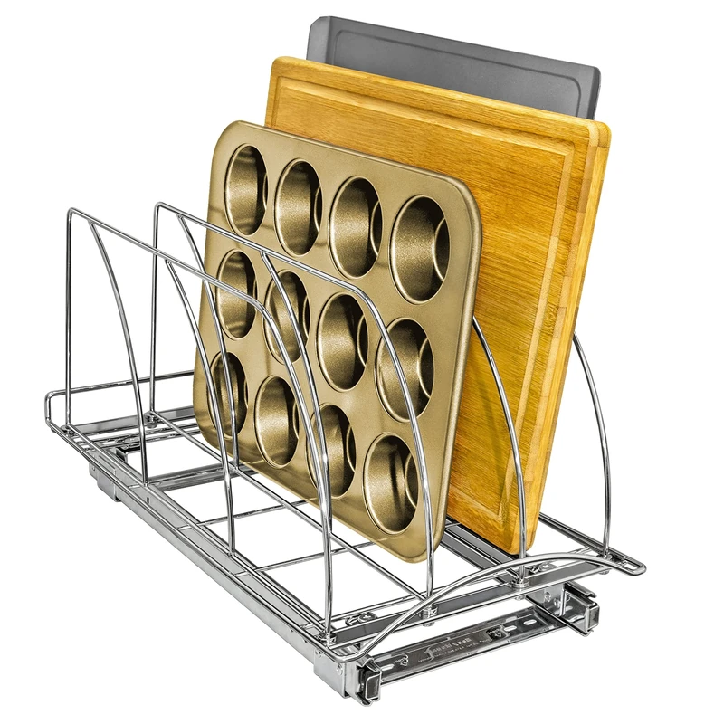 LYNK PROFESSIONAL® Slide Out Cutting Board, Bakeware, and Tray Organizer - Pull Out Kitchen Cabinet Organizer - 10 inch wide x 21 inch deep - Chrome