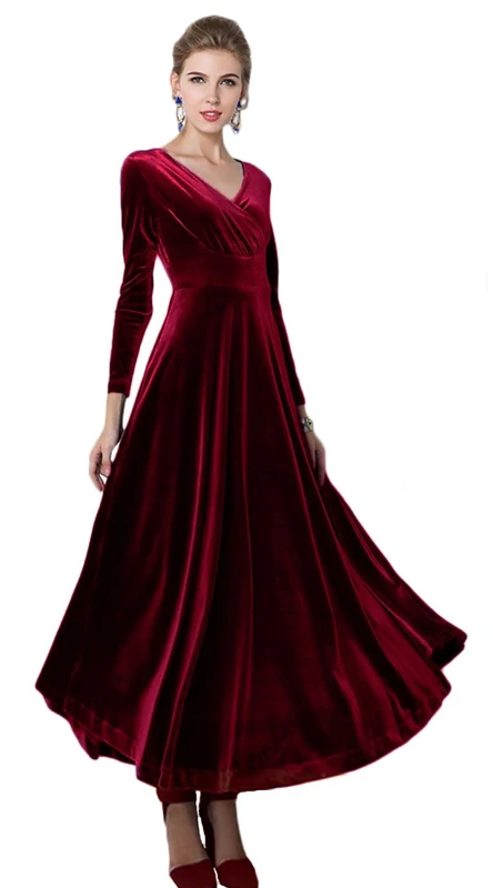 Urban CoCo Women Long Sleeve V-Neck Velvet Stretchy Long Dress, Wine Red, X-Large