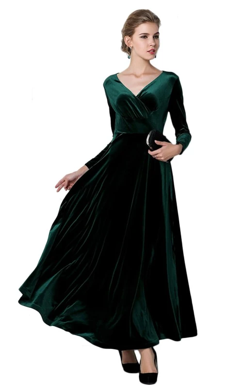 Urban Coco Women Long Sleeve V-Neck Velvet Stretchy Long Dress - Green - X-Large