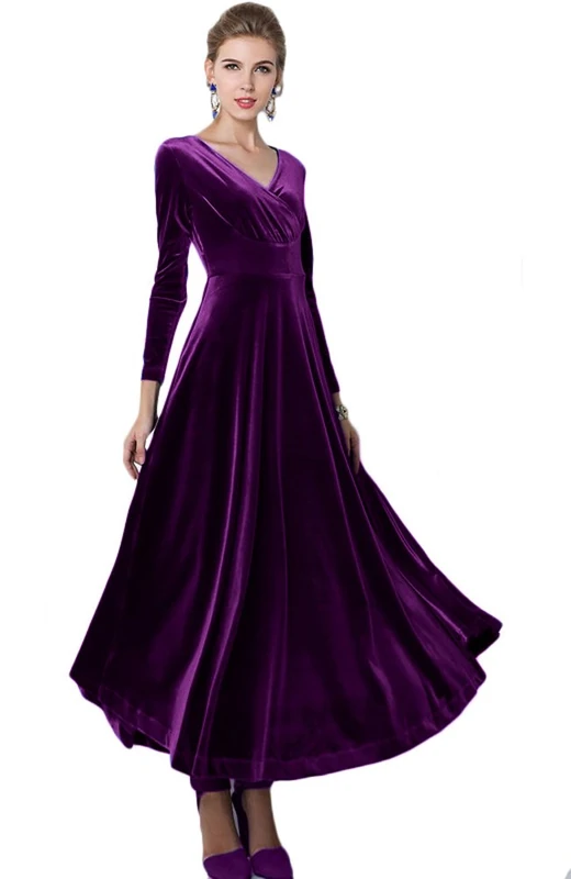 Urban CoCo Women Long Sleeve V-Neck Velvet Stretchy Long Dress, Purple, L