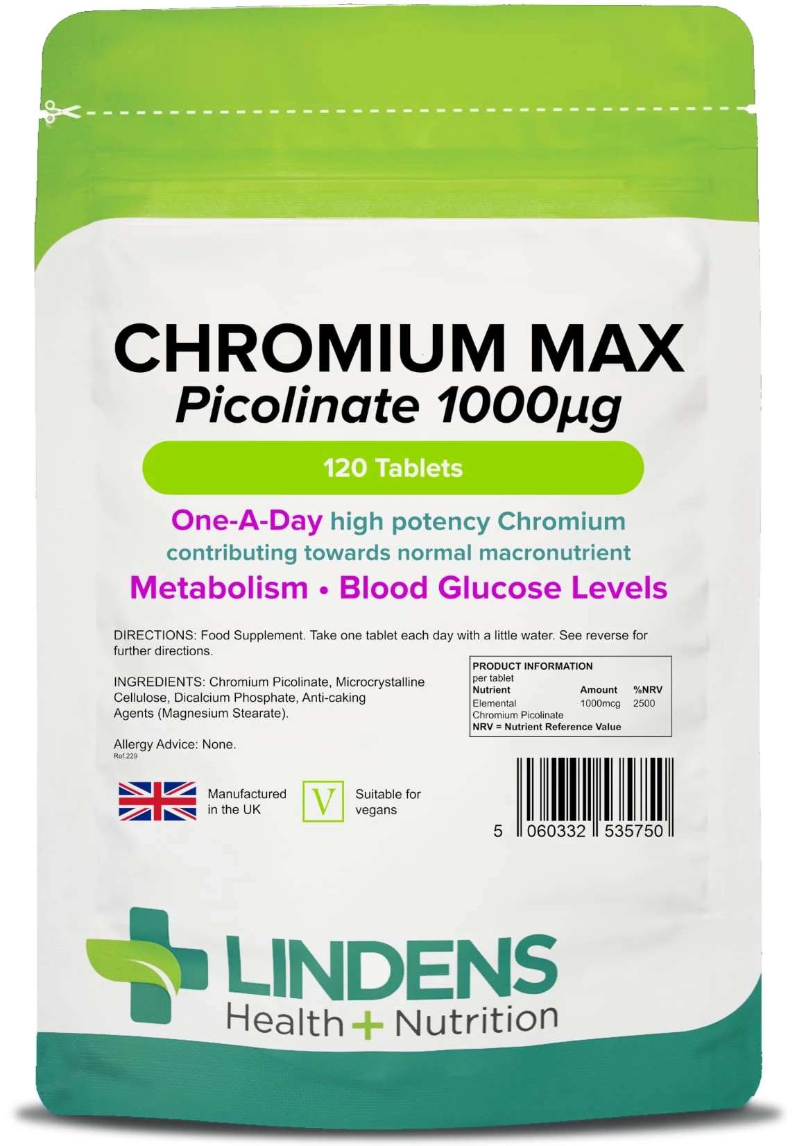 Lindens Chromium Max 1000mcg Picolinate - 120 Tablets | Detox, Metabolism, Blood Glucose, | Mega Potency (2500% NRV) | 4 Months Supply, UK Manufacturer, Letterbox Friendly, Vegan