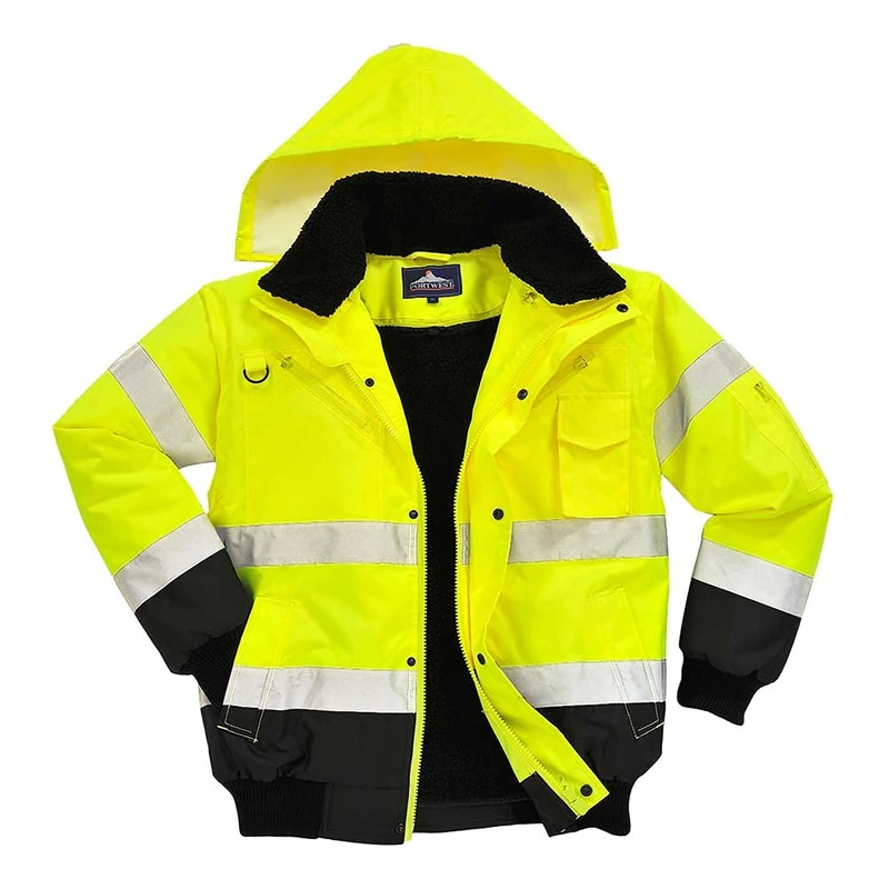 Portwest C465 Hi-Vis 3-in-1 Waterproof Contrast Hooded Bomber Jacket with Pockets - Reflective Outdoor Safety Security Workwear Coat, Yellow/Black, M