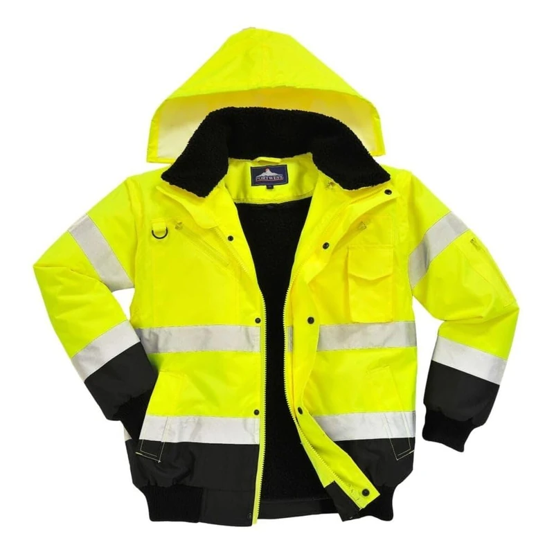 Portwest C465 Hi-Vis 3-in-1 Waterproof Contrast Hooded Bomber Jacket with Pockets - Reflective Outdoor Safety Security Workwear Coat, Yellow/Black, 3XL