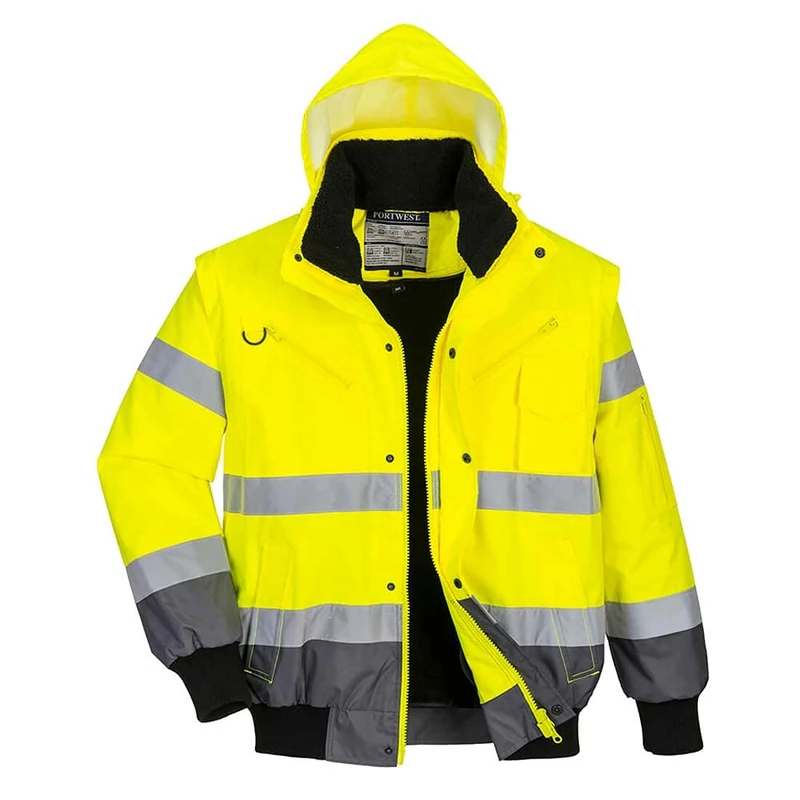 Portwest C465 Hi-Vis 3-in-1 Waterproof Contrast Hooded Bomber Jacket with Pockets - Reflective Outdoor Safety Security Workwear Coat, Yellow/Grey, S