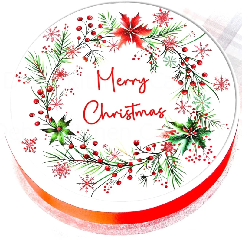 Christmas Cake Topper - Merry Christmas Wreath Cake Decoration - Edible Icing or Wafer - 7.5" / 19cm Round (Edible Wafer)