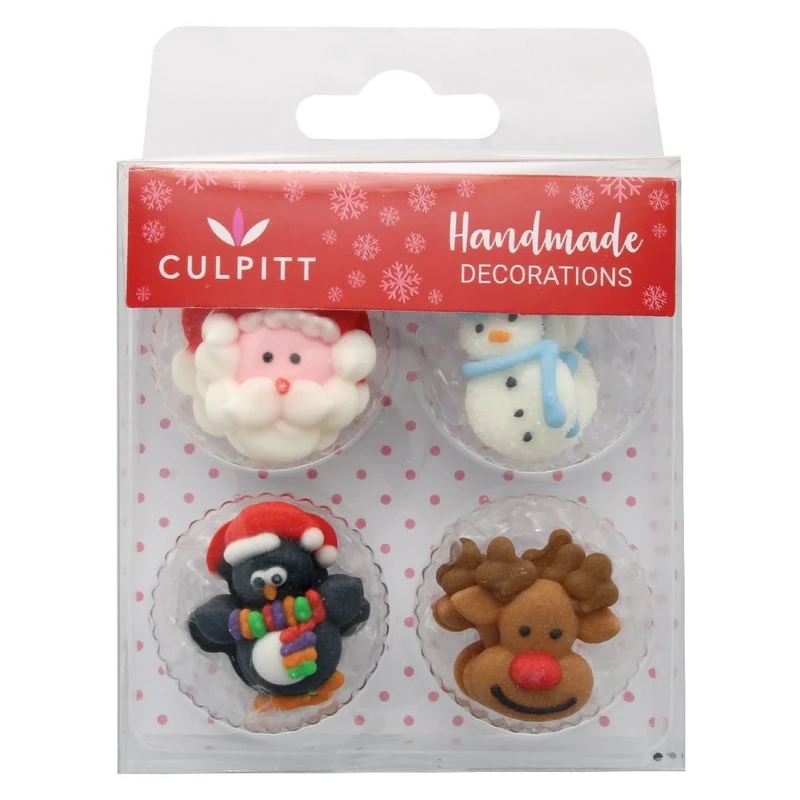 Culpitt Christmas Friends Sugar Pipings, Edible Royal Icing Decorations, Multi-Coloured Festive Cake and Cupcake Toppers, Santa, Snowman, Penguin, Ruloph - Pack of 12