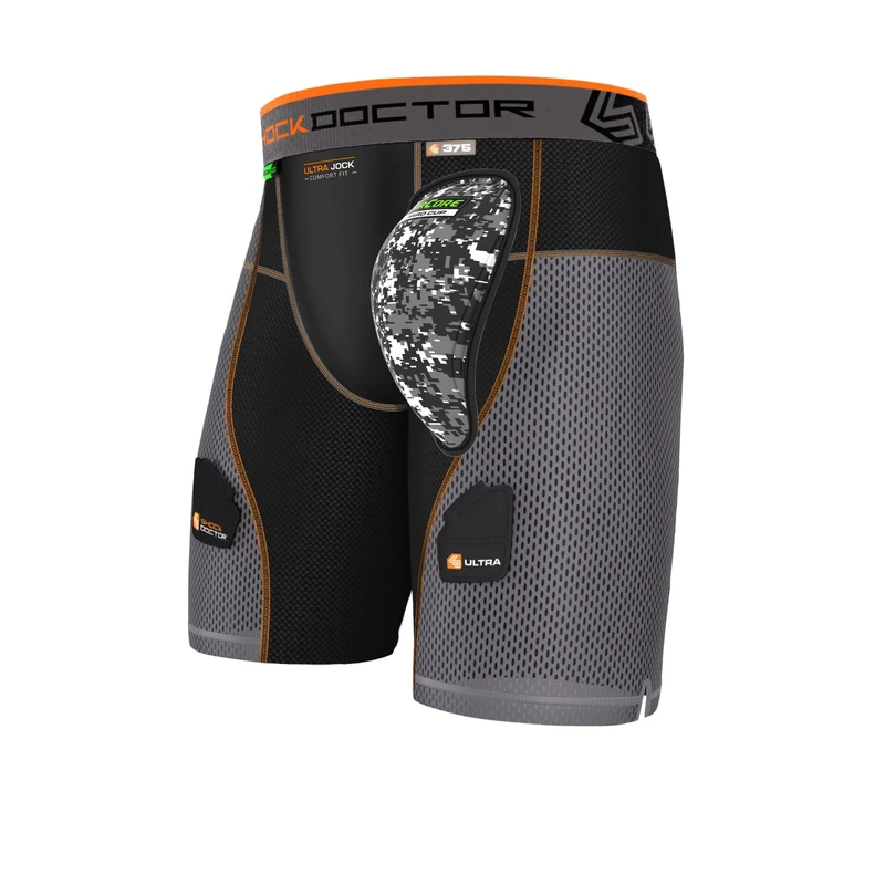 Shock Doctor Men's Aircore Hard Cup Ultra Powerstride Hockey Shorts, Black/Grey, Small