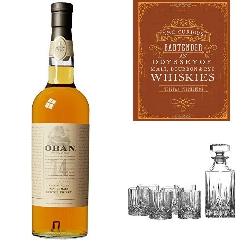Oban 14 Year Old Whisky, The Curious Bartender: Malt, Bourbon & Rye Book and Royal Doulton Crystal Decanter Set, 1 x 700ml