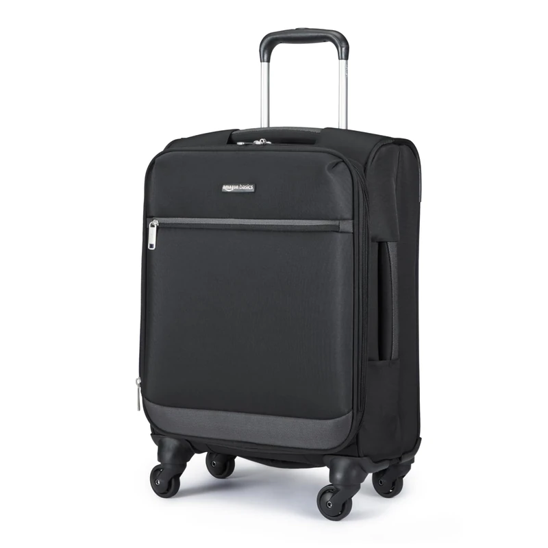 Amazon Basics Luggage, 21" Medium Carry-On Softside Suitcase with Wheels, with Four 360-Degree Multi-Directional Spinner Wheels, Expandable Space, Zippered Pocket and Straps, Telescopic Handle, Black