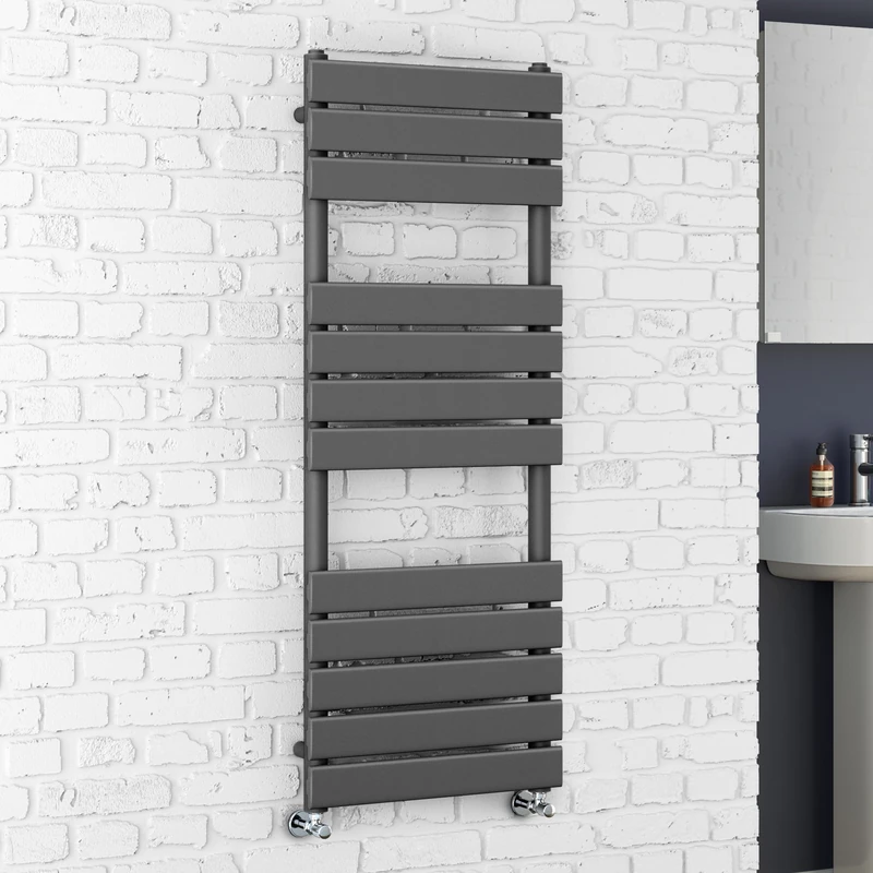 iBathUK Zerith Wall Mounted Flat Panel Heated Towel Rail, 12 Column Slim Flat Steel Hydronic Central Heating High Thermal Output Designer Bathroom Towel Radiator in Matt Anthracite, 1200 × 450mm