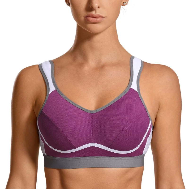 SYROKAN Women's Comfort Sports Bra High Impact for Large Breasts Wireless Stretch Support Bounce Control Purple 32F