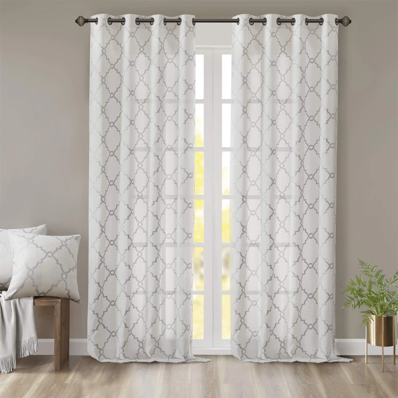 Madison Park Single Window Curtain Light Filtering Fretwork Print 1 Panel Grommet Top Drape/Valance for Living Room Bedroom and Dorm, Polyester Blend, Ivory, 95" x 50" - Image 1