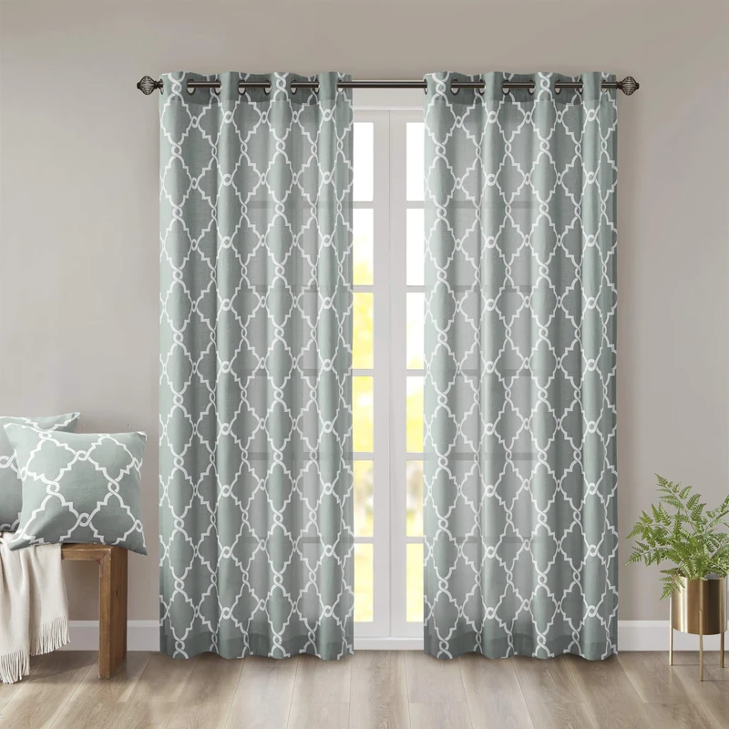 Madison Park Saratoga Single Window Curtain Light Filtering Fretwork Print 1 Panel Grommet Top Drape for Living Room Bedroom and Dorm, 50x84, Seafoam/White