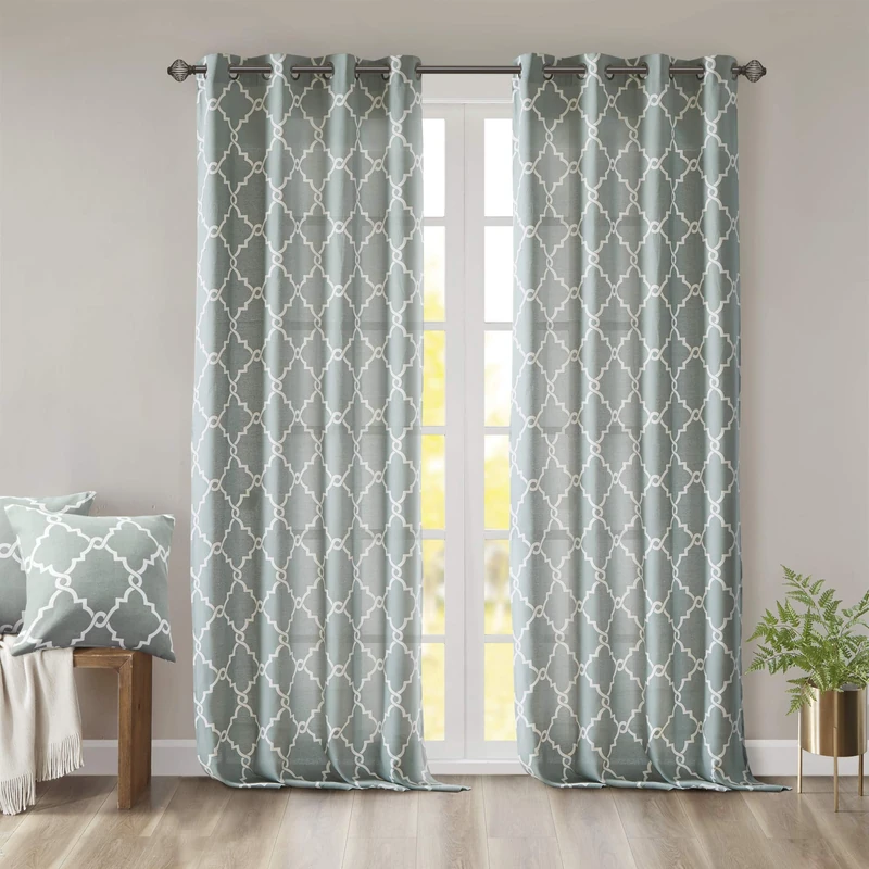 Madison Park Saratoga Single Window Curtain Light Filtering Fretwork Print 1 Panel Grommet Top Drape for Living Room Bedroom and Dorm, 50x95, Seafoam/White