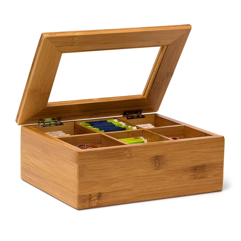 Relaxdays Bamboo Tea Box, 6 Compartments, Tea Bag Chest, Wooden With Closable Lid & Window, HWD: 9 x 22 x 16 cm, Brown
