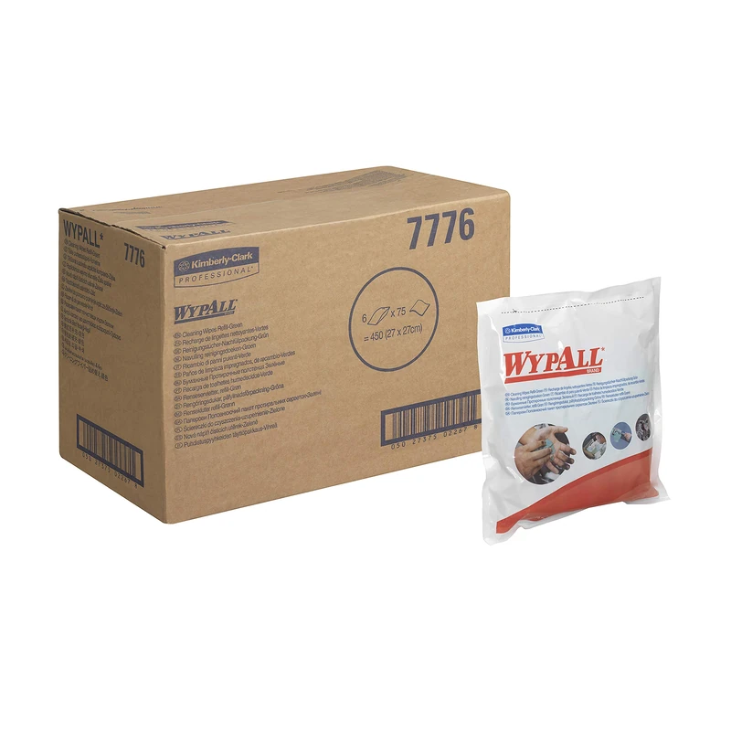 WypAll, 7776, Pre-soaked Cleaning Wipes refill bags, 1 Ply, Green, 6 bags x 75 pre-soaked wipes